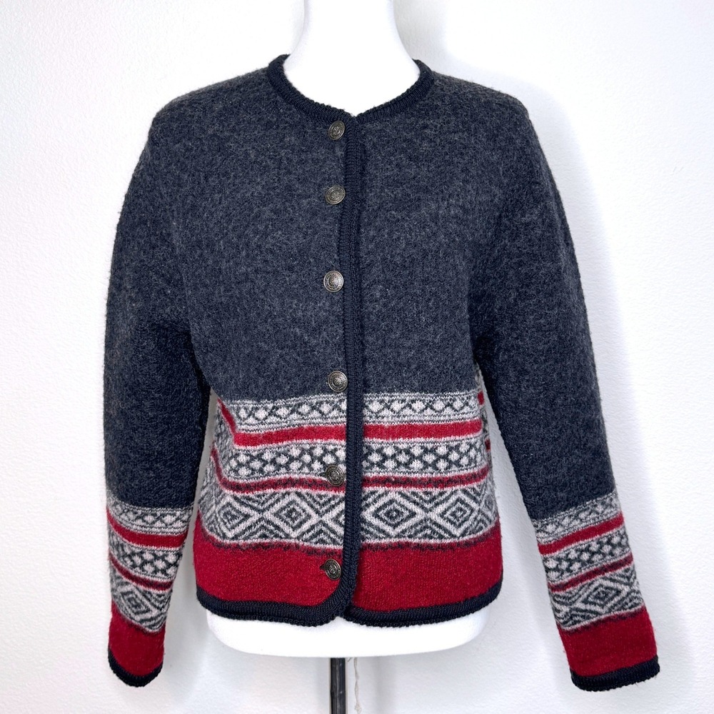 TALLY HO VTG Boiled Wool Sweater Jacket S Buttons Gray Fair Isle Nordic Print
